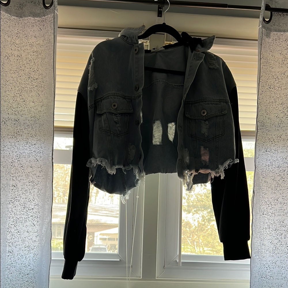 Distressed Cropped Jacket with Black Sleeves